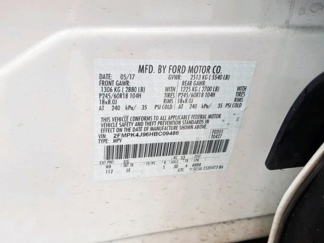 2FMPK4J96HBC09486 - 2017 FORD EDGE SEL WHITE photo 10