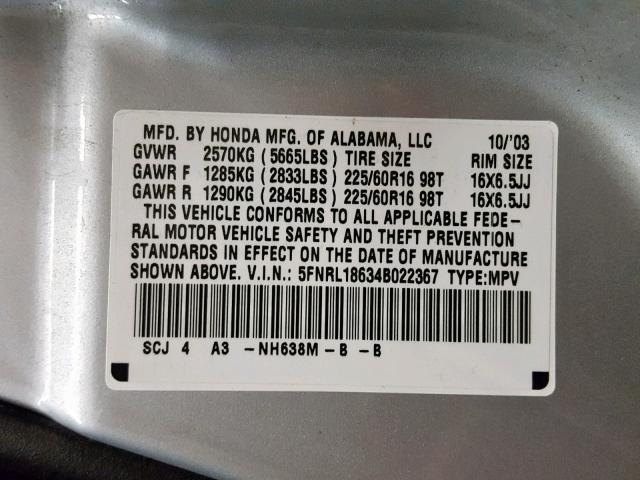 5FNRL18634B022367 - 2004 HONDA ODYSSEY EX SILVER photo 10