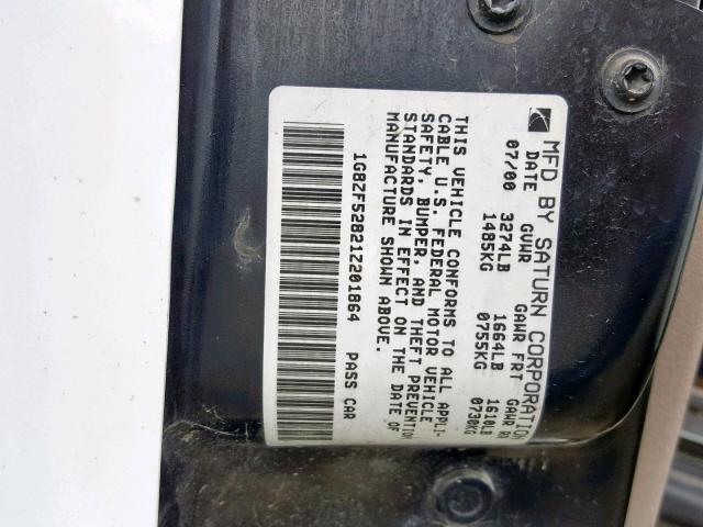 1G8ZF52821Z201864 - 2001 SATURN SL WHITE photo 10