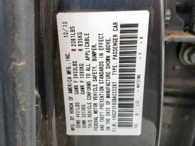 1HGCP2F80BA033287 - 2011 HONDA ACCORD EXL GRAY photo 10