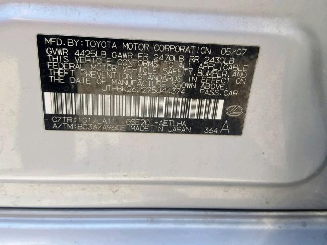 JTHBK262275044374 - 2007 LEXUS IS 250 SILVER photo 10