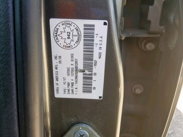 1HGCM665X6A802857 - 2006 HONDA ACCORD EX GRAY photo 10