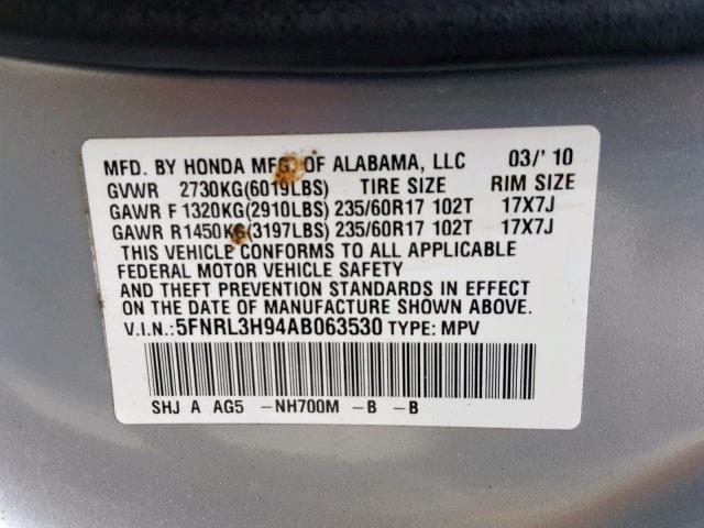 5FNRL3H94AB063530 - 2010 HONDA ODYSSEY TO SILVER photo 10