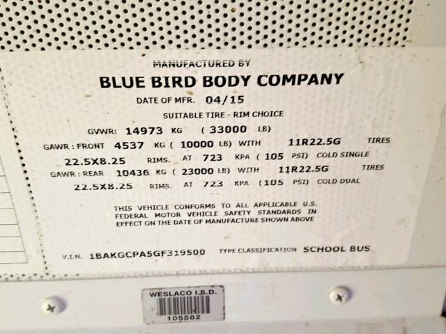 1BAKGCPA5GF319500 - 2016 BLUE BIRD SCHOOL BUS YELLOW photo 10