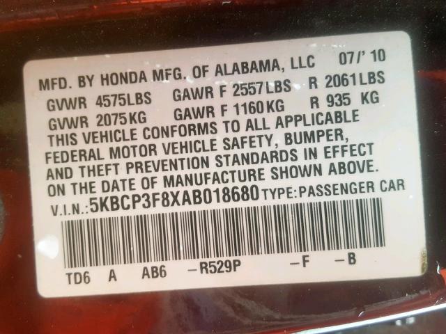 5KBCP3F8XAB018680 - 2010 HONDA ACCORD EXL RED photo 10