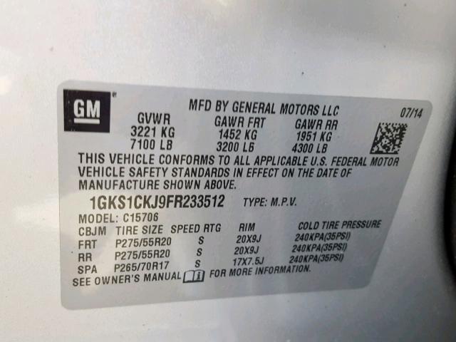 1GKS1CKJ9FR233512 - 2015 GMC YUKON DENA SILVER photo 10