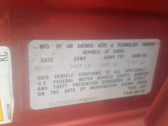 KL1TD56618B019464 - 2008 CHEVROLET AVEO BASE Qırmızı foto 10