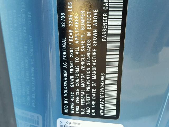 WVWFA71F78V043963 - 2008 VOLKSWAGEN EOS LUX 蓝色 照片 10