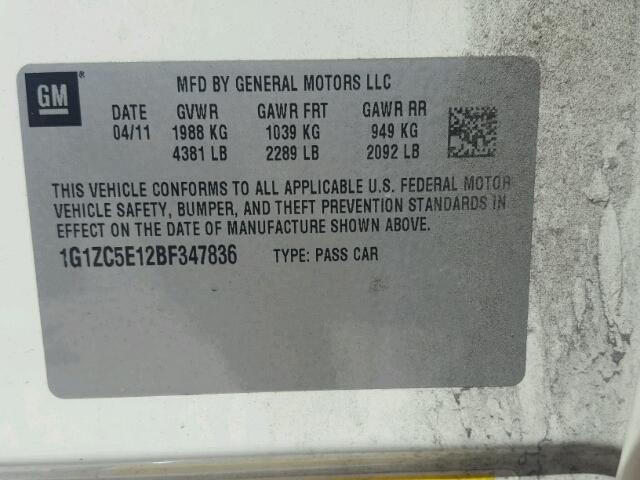 1G1ZC5E12BF347836 - 2011 CHEVROLET MALIBU 1LT WHITE photo 10