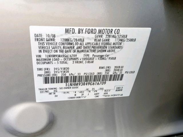 1LNHM93R49G616709 - 2009 LINCOLN MKS GRAY photo 10