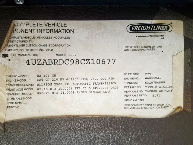 4UZABRDC98CZ10677 - 2008 FREIGHTLINER CHASSIS B2 黄色 照片 10