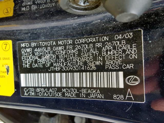 JTHBF30G930141626 - 2003 LEXUS ES 300 BLUE photo 10