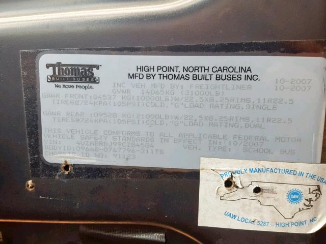 4UZABRDJ99CZ84584 - 2009 FREIGHTLINER CHASSIS B2 黄色 照片 10