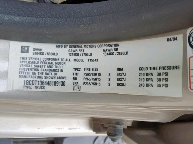 1GCDT136448189130 - 2004 CHEVROLET COLORADO TAN photo 10