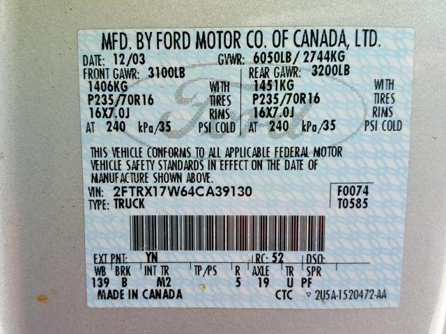 2FTRX17W64CA39130 - 2004 FORD F-150 HERI SILVER photo 10