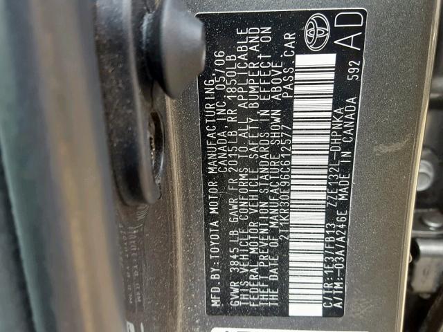 2T1KR30E96C612577 - 2006 TOYOTA COROLLA MA GRAY photo 10