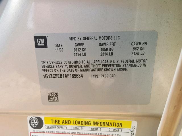 1G1ZC5EB1AF165634 - 2010 CHEVROLET MALIBU 1LT 棕色 照片 10