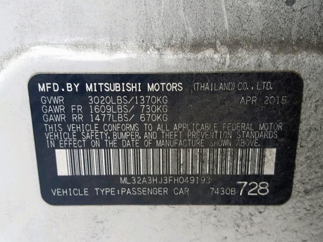 ML32A3HJ3FH049193 - 2015 MITSUBISHI MIRAGE DE WHITE photo 10