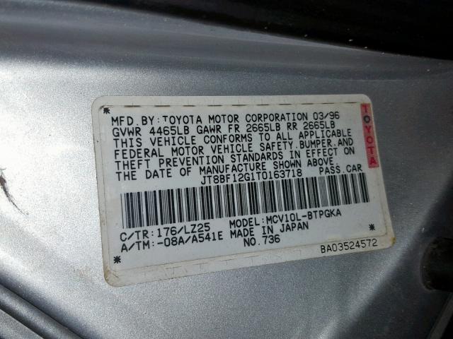 JT8BF12G1T0163718 - 1996 LEXUS ES 300 SILVER photo 10