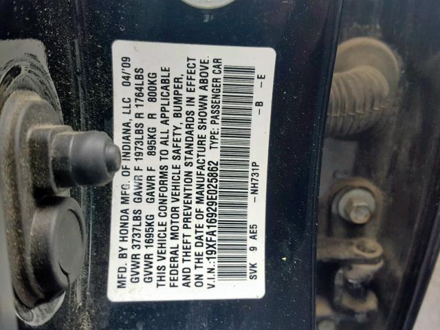 19XFA16929E025862 - 2009 HONDA CIVIC EXL BLACK photo 10