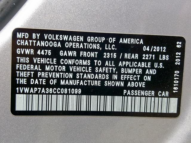 1VWAP7A36CC081099 - 2012 VOLKSWAGEN PASSAT S SILVER photo 10