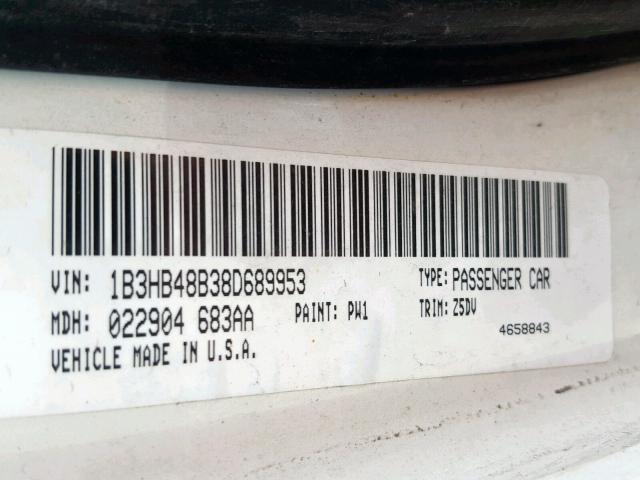 1B3HB48B38D689953 - 2008 DODGE CALIBER SX WHITE photo 10