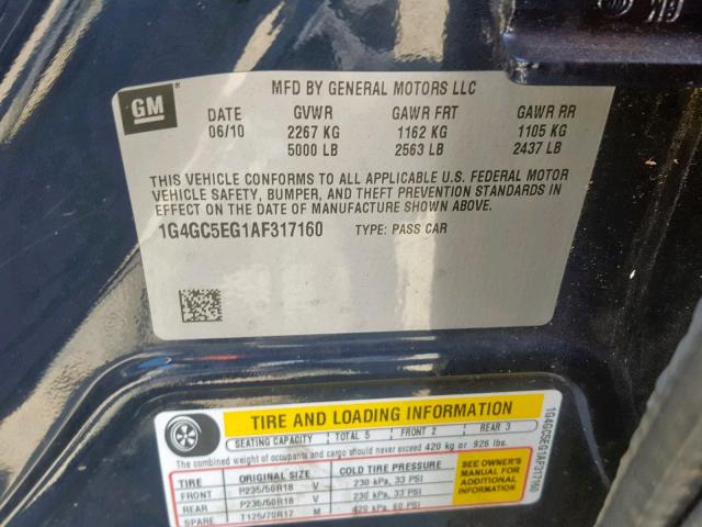 1G4GC5EG1AF317160 - 2010 BUICK LACROSSE C BLUE photo 10