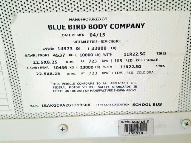 1BAKGCPA2GF319504 - 2016 BLUE BIRD SCHOOL BUS YELLOW photo 10