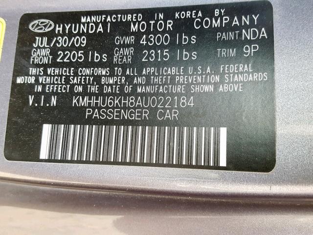 KMHHU6KH8AU022184 - 2010 HYUNDAI GENESIS CO GRAY photo 10