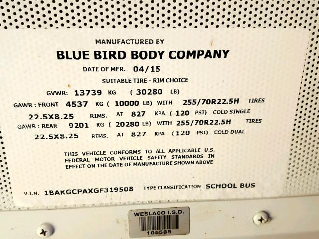 1BAKGCPAXGF319508 - 2016 BLUE BIRD SCHOOL BUS YELLOW photo 10
