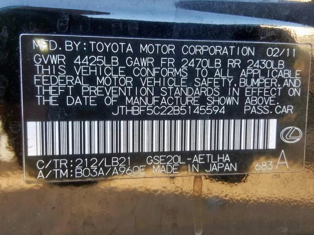 JTHBF5C22B5145594 - 2011 LEXUS IS 250 BLACK photo 10