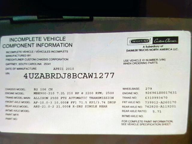 4UZABRDJ8BCAW1277 - 2011 FREIGHTLINER CHASSIS B2 黄色 照片 10