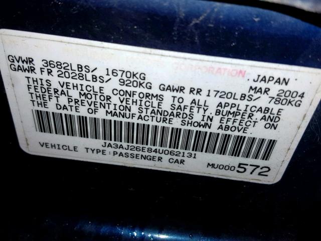 JA3AJ26E84U062131 - 2004 MITSUBISHI LANCER ES BLUE photo 10