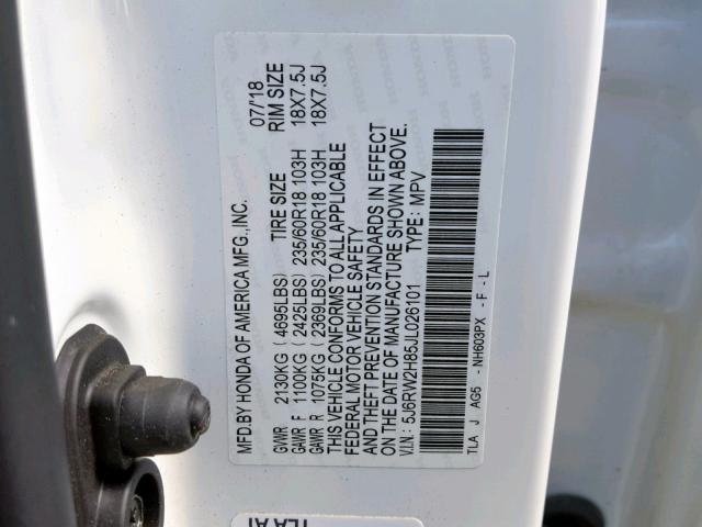 5J6RW2H85JL026101 - 2018 HONDA CR-V EXL WHITE photo 10