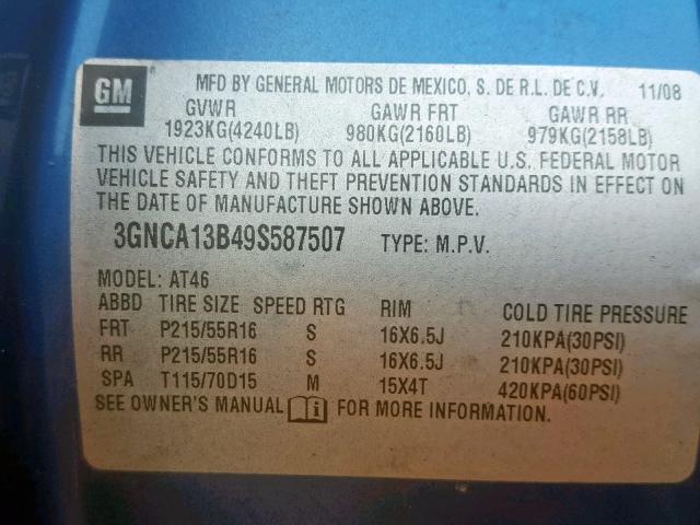 3GNCA13B49S587507 - 2009 CHEVROLET HHR LS BLUE photo 10