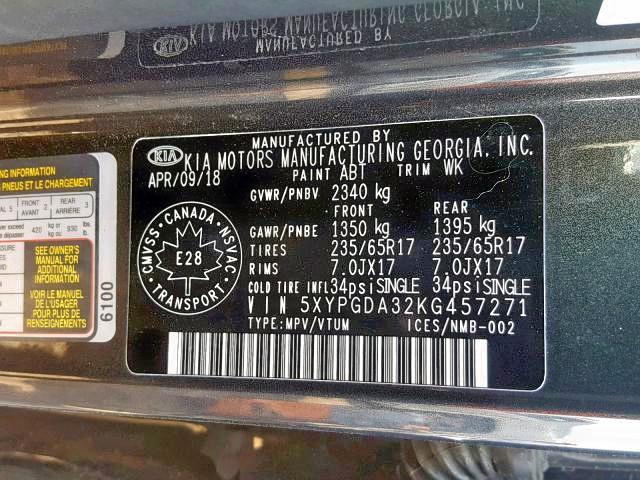 5XYPGDA32KG457271 - 2019 KIA SORENTO LX GRAY photo 10