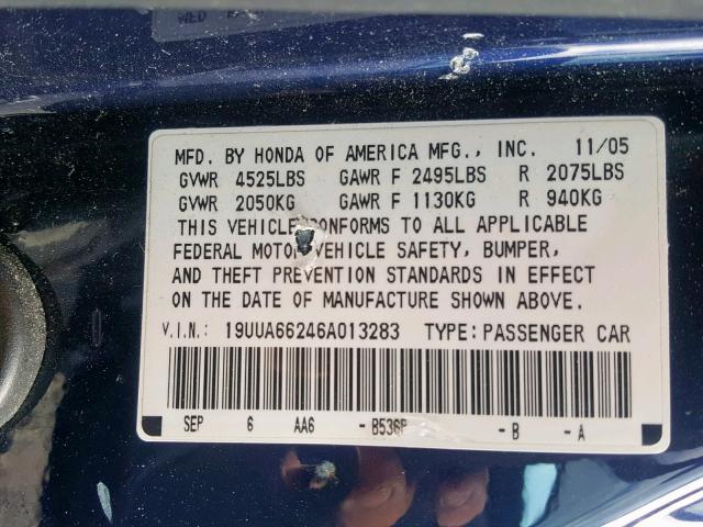 19UUA66246A013283 - 2006 ACURA 3.2TL BLUE photo 10