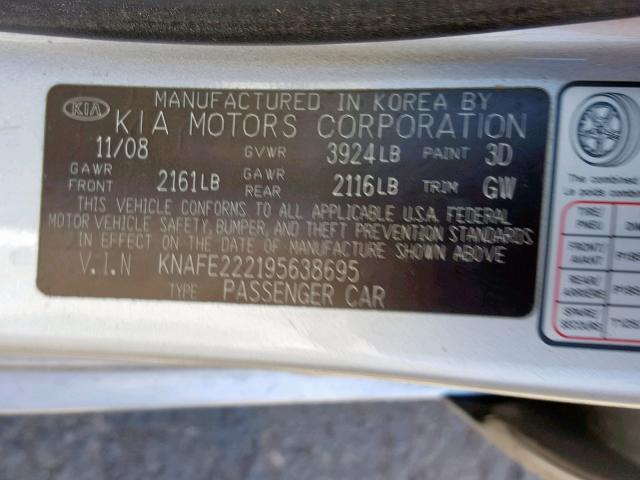 KNAFE222195638695 - 2009 KIA SPECTRA EX SILVER photo 10