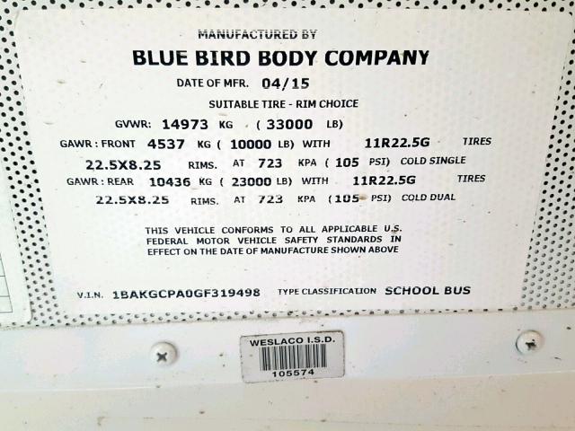 1BAKGCPA0GF319498 - 2016 BLUE BIRD SCHOOL BUS YELLOW photo 10