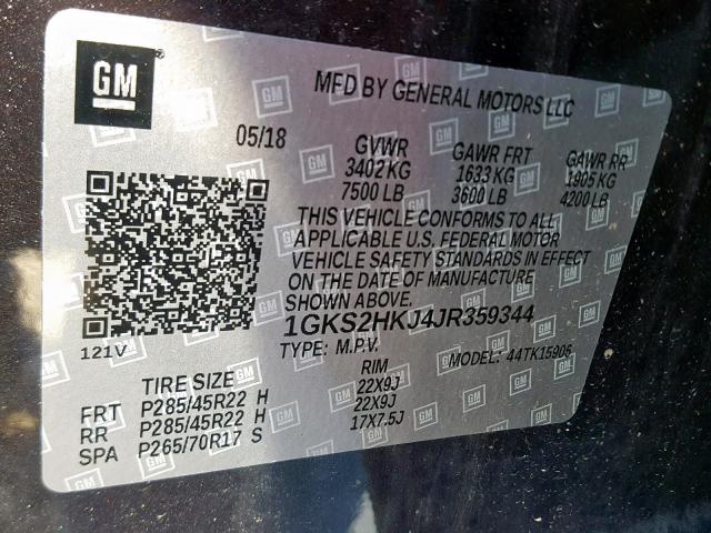 1GKS2HKJ4JR359344 - 2018 GMC YUKON XL D GRAY photo 10