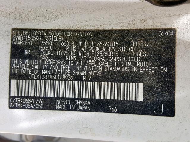 JTLKT334X50188926 - 2005 TOYOTA SCION XB 白色 照片 10