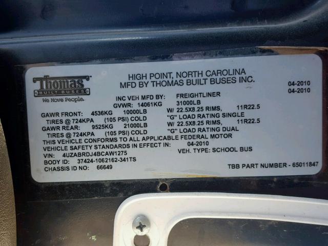 4UZABRDJ4BCAW1275 - 2011 FREIGHTLINER CHASSIS B2 黄色 照片 10