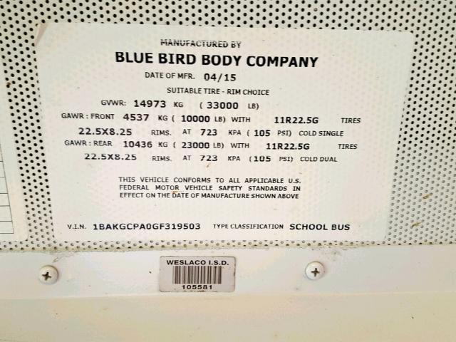 1BAKGCPA0GF319503 - 2016 BLUE BIRD SCHOOL BUS YELLOW photo 10