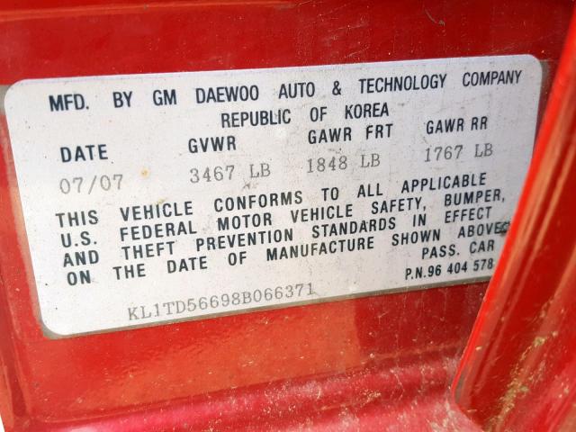 KL1TD56698B066371 - 2008 CHEVROLET AVEO BASE Qırmızı foto 10