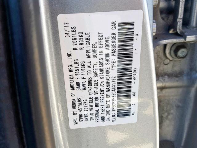 1HGCP3F85CA031722 - 2012 HONDA ACCORD EXL SILVER photo 10