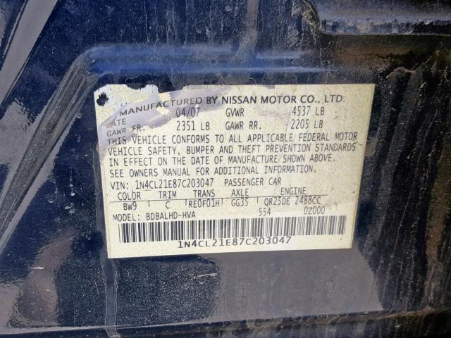 1N4CL21E87C203047 - 2007 NISSAN ALTIMA HYB BLUE photo 10