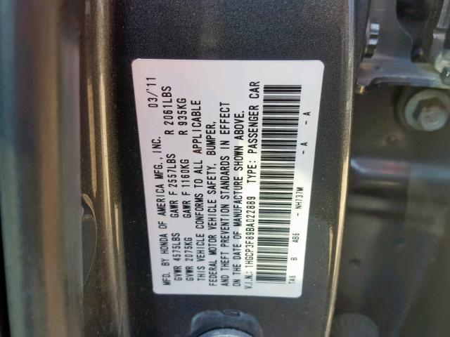 1HGCP3F89BA022889 - 2011 HONDA ACCORD EXL GRAY photo 10