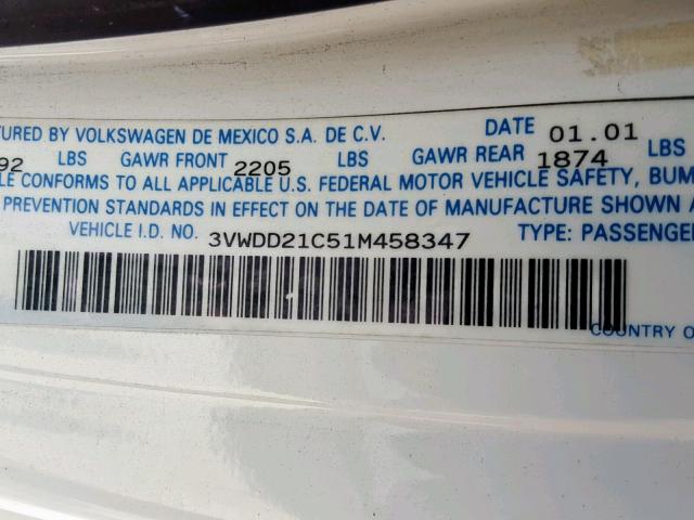 3VWDD21C51M458347 - 2001 VOLKSWAGEN NEW BEETLE თეთრი ფოტო 10