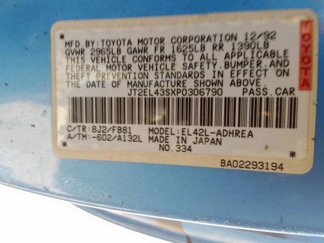 JT2EL43SXP0306790 - 1993 TOYOTA TERCEL DX BLUE photo 10