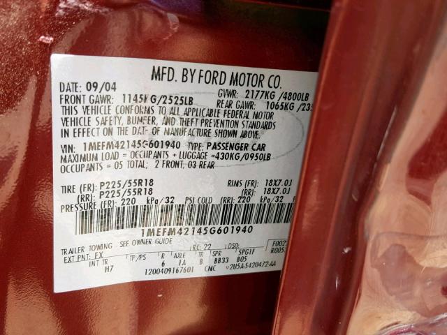 1MEFM42145G601940 - 2005 MERCURY MONTEGO PR ბურგუნდია ფოტო 10